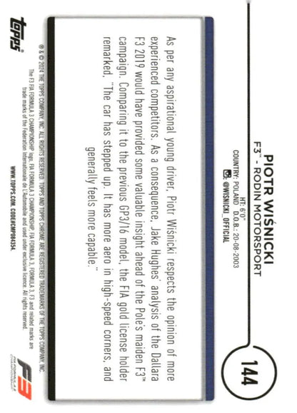 Piotr Wisnicki Rodin Motorsport trading card from 2024 Topps Chrome Formula 1 series