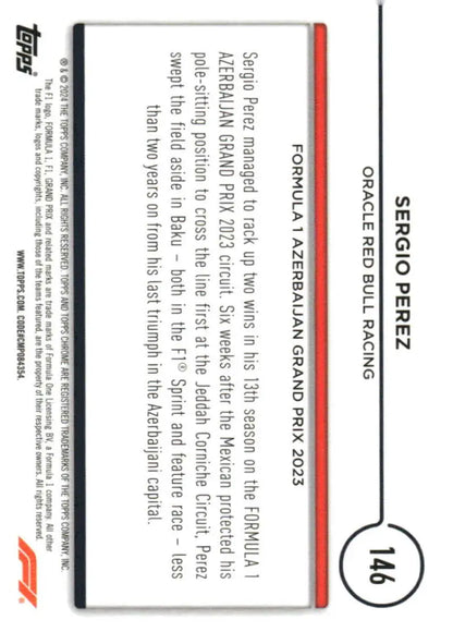 Sergio Perez Formula 1 trading card from 2024 Topps Chrome Red Bull Racing collection