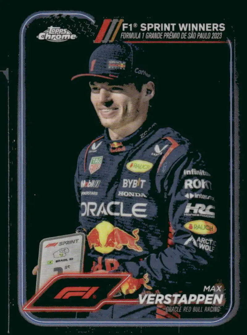 Max Verstappen F1 sprint winner trading card from 2024 Topps Chrome featuring Oracle Red Bull Racing