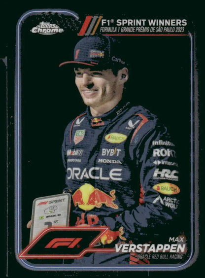 Max Verstappen F1 sprint winner trading card from 2024 Topps Chrome featuring Oracle Red Bull Racing