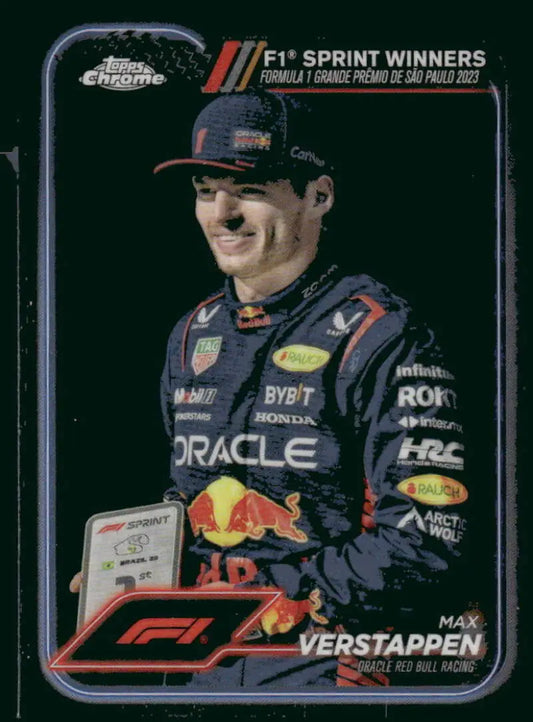 Max Verstappen F1 sprint winner trading card from 2024 Topps Chrome featuring Oracle Red Bull Racing