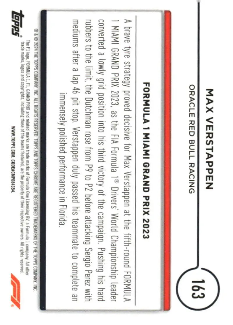 Max Verstappen 2024 Topps Chrome Oracle Red Bull Racing Trading Card #163 NM-MT