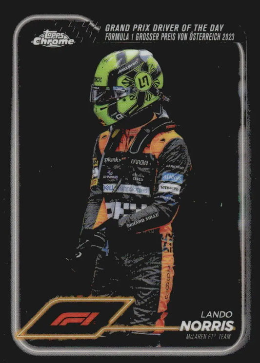 Lando Norris Topps Chrome Formula 1 trading card featuring McLaren F1 Team racing design
