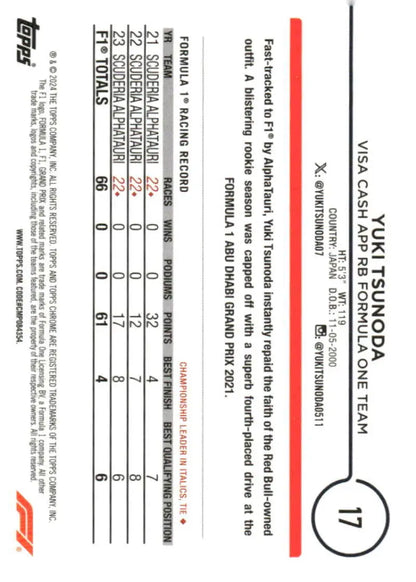 Yuki Tsunoda 2024 Topps Chrome Formula 1 Racing Card with Visa Cash App design