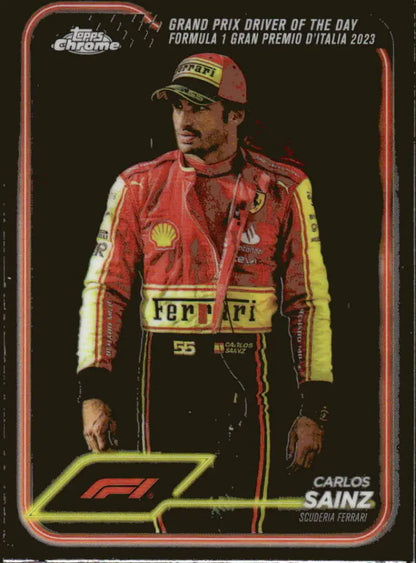 Carlos Sainz F1 trading card from 2024 Topps Chrome Scuderia Ferrari HP Racing