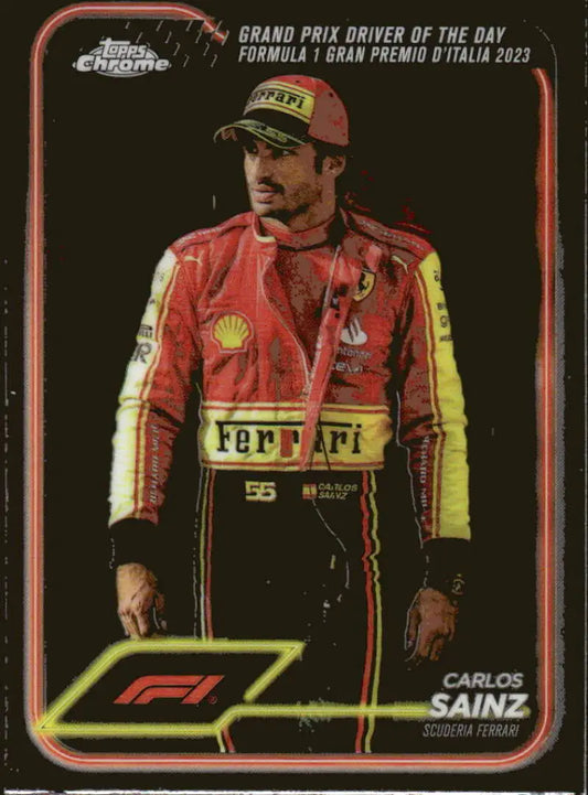 Carlos Sainz F1 trading card from 2024 Topps Chrome Scuderia Ferrari HP Racing