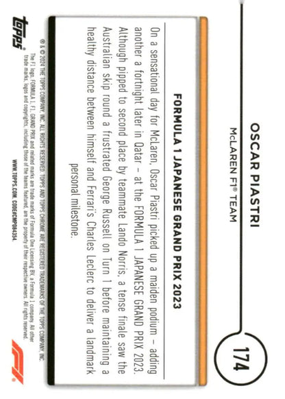 Oscar Piastri 2024 Topps Chrome Formula 1 trading card for McLaren F1 Team