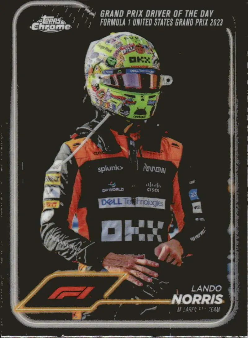 Lando Norris 2024 Topps Chrome Formula 1 trading card featuring McLaren F1 Team racer