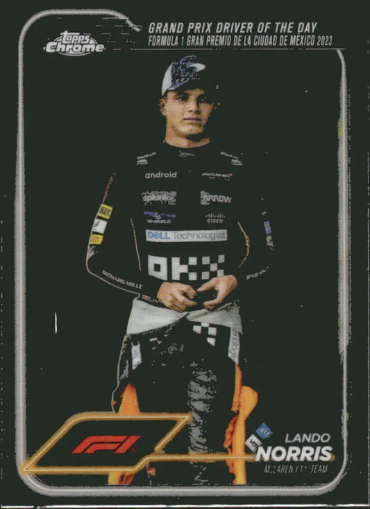 Lando Norris 2024 Topps Chrome Formula 1 trading card featuring McLaren F1 Team racing card