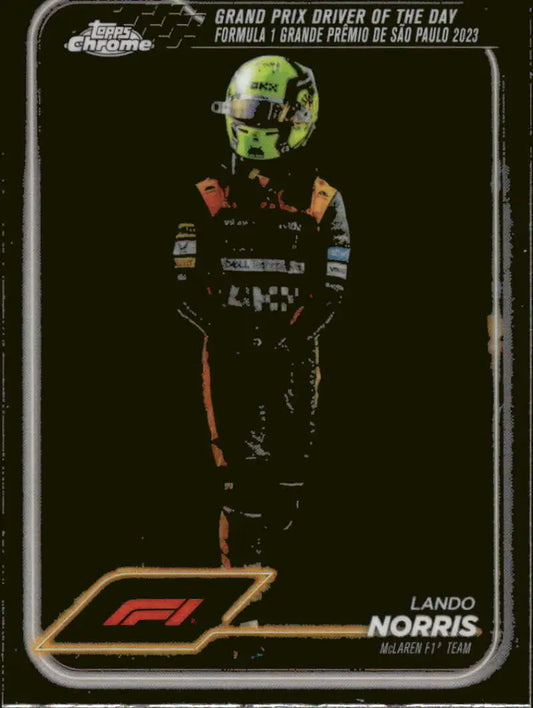 Lando Norris Formula 1 trading card from Topps Chrome featuring McLaren F1 Team racing driver