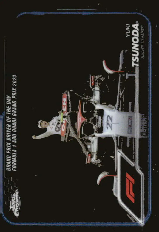 Yuki Tsunoda Topps Chrome Formula 1 trading card from 2024 Topps Chrome series