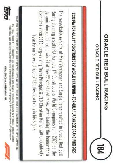 2024 Topps Chrome Formula 1 Oracle Red Bull Racing trading card featuring Oracle Red Bull Racing team