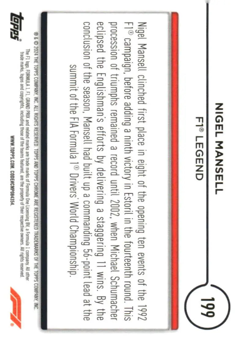 Nigel Mansell F1 trading card from 2024 Topps Chrome Formula 1 #199 NM-MT edition