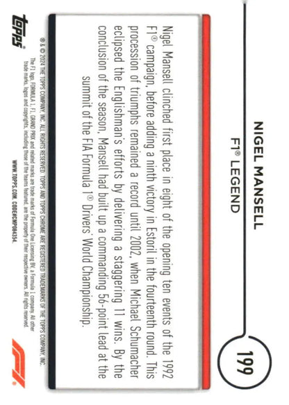 Nigel Mansell F1 trading card from 2024 Topps Chrome Formula 1 #199 NM-MT edition