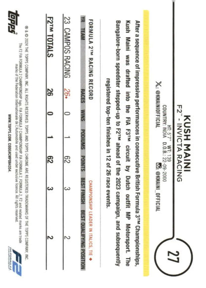 Kush Maini 2024 Topps Chrome Formula 1 #27 Invicta Racing Card NM-MT Quality