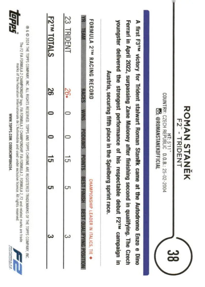 2024 Topps Chrome Formula 1 #38 Roman Stanek NM-MT Trident Racing Card Image