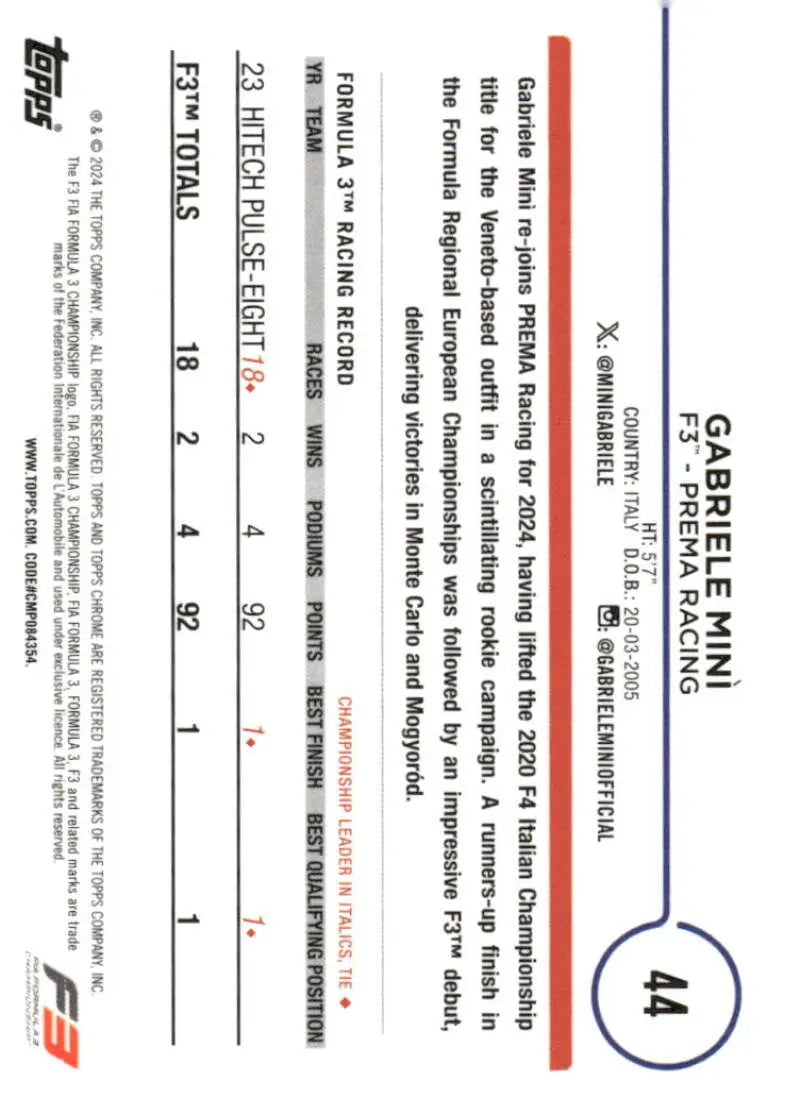 Gabriele Mini F3 racing card from 2024 Topps Chrome Formula 1 for collectors
