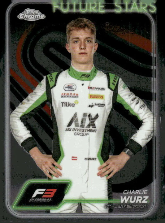 Trading card featuring Charlie Wurz race car driver from Jenzer Motorsport in 2024 Topps Chrome F1