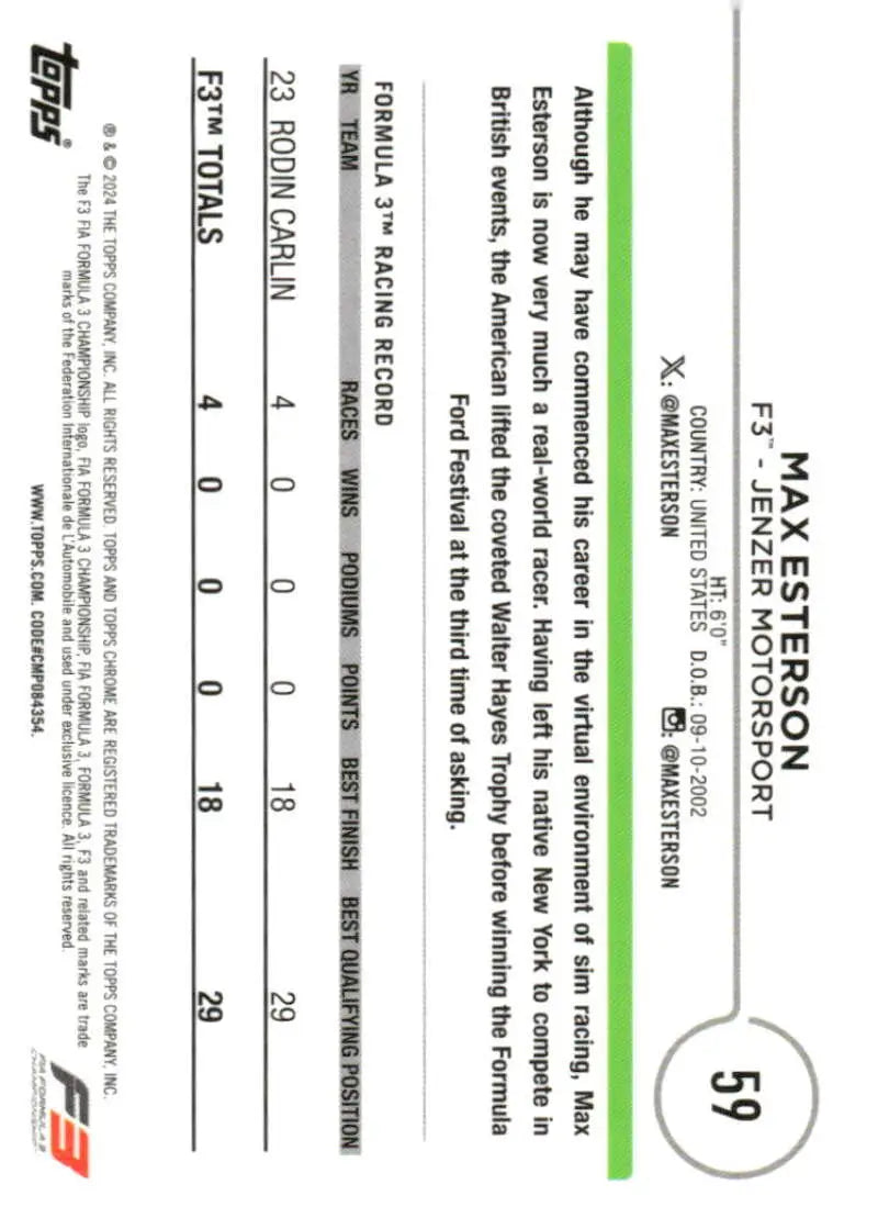 2024 Topps Chrome Formula 1 #59 Max Esterson NM-MT F3 Racing Card from Jenzer Motorsport