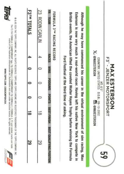 2024 Topps Chrome Formula 1 #59 Max Esterson NM-MT F3 Racing Card from Jenzer Motorsport