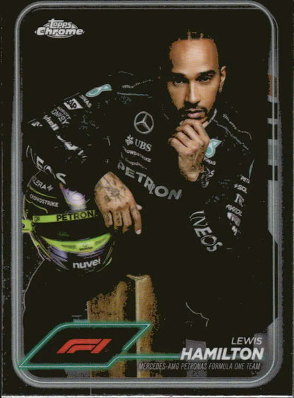 Lewis Hamilton trading card from 2024 Topps Chrome Formula 1 series featuring Mercedes-AMG Petronas team