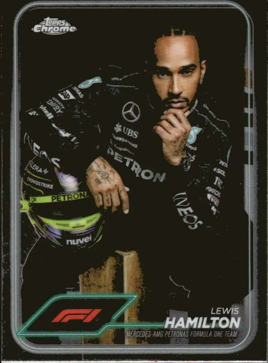 Lewis Hamilton trading card from 2024 Topps Chrome Formula 1 series featuring Mercedes-AMG Petronas team