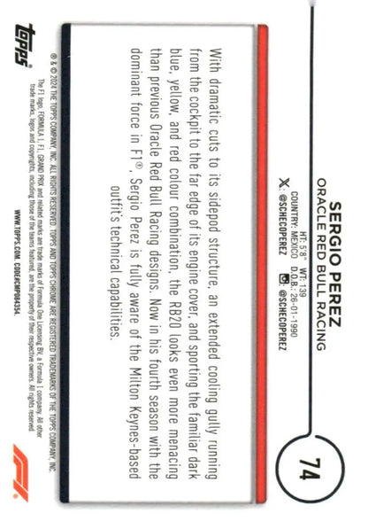 Sergio Perez 2024 Topps Chrome Formula 1 Racing Card Red Bull Racing NM-MT