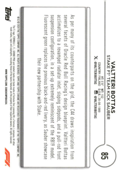 Valtteri Bottas trading card from 2024 Topps Chrome Kick Sauber Racing series 85 NM-MT