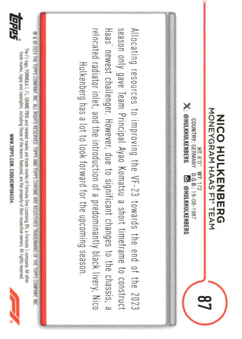 Trading card back of 2024 Topps Chrome Formula 1 #87 Nico Hulkenberg Racing Card