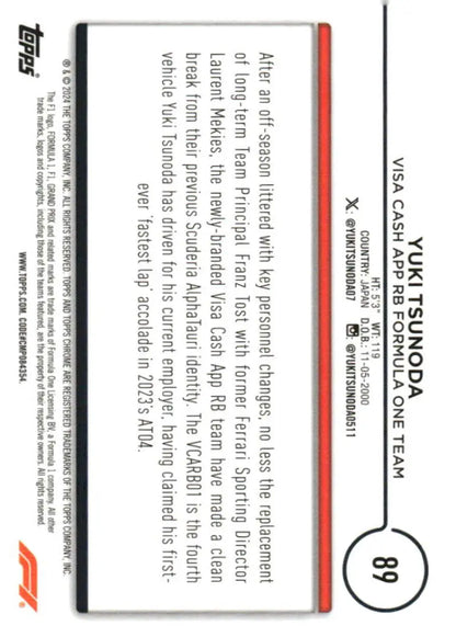 Yuki Tsunoda trading card from 2024 Topps Chrome Formula 1 series displayed on product