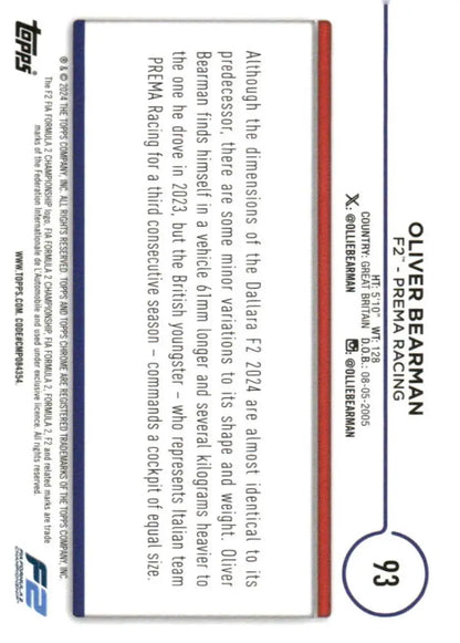 Oliver Bearman 2024 Topps Chrome Formula 1 #93 PREMA Racing Card in NM-MT condition