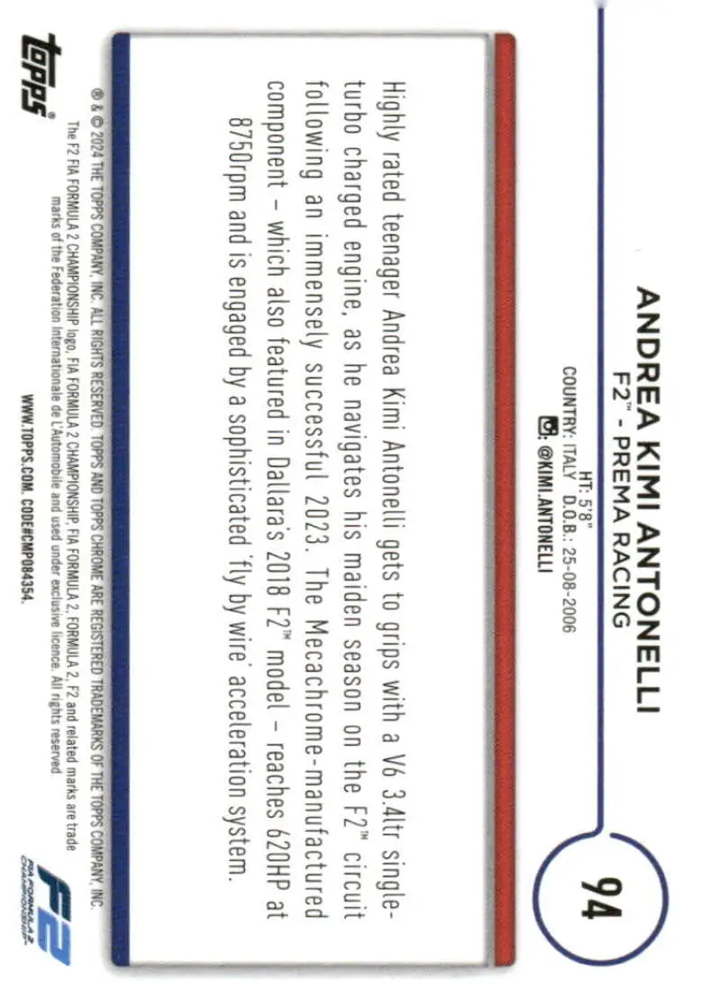 2024 Topps Chrome Formula 1 Andrea Kimi Antonelli NM-MT F2 PREMA Racing Card