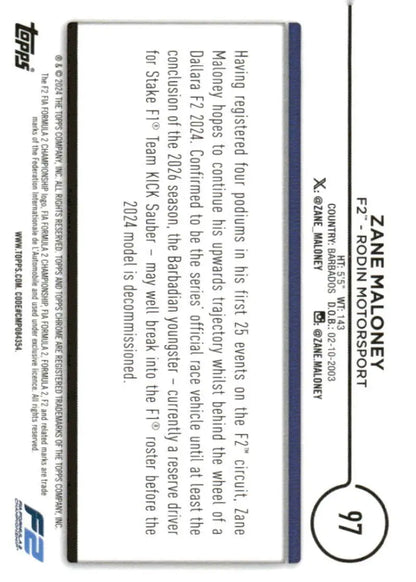 Trading card back of Zane Maloney Topps Chrome Formula 1 2024 Rodin Motorsport