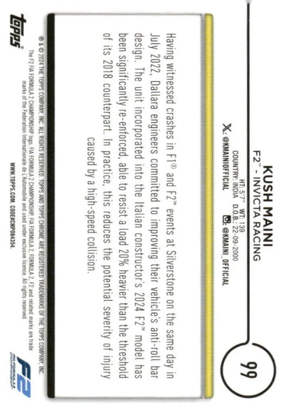 Kush Maini Topps Chrome Formula 1 trading card #99 from Invicta Racing collection