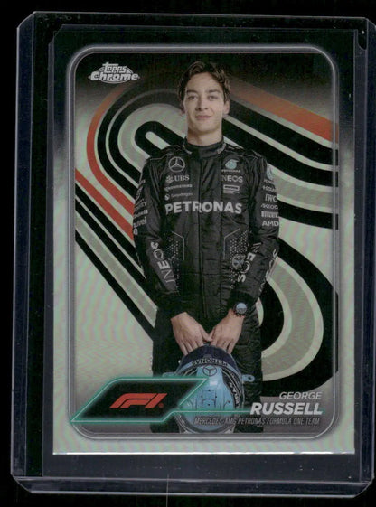 George Russell 2024 Topps Chrome Formula 1 trading card in the chrome formula collection