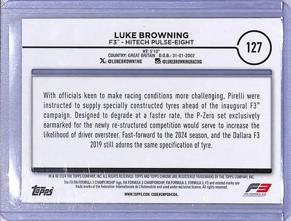 Formula 3 trading card featuring Luke Browning from Topps Chrome Refractor Pink RayWave