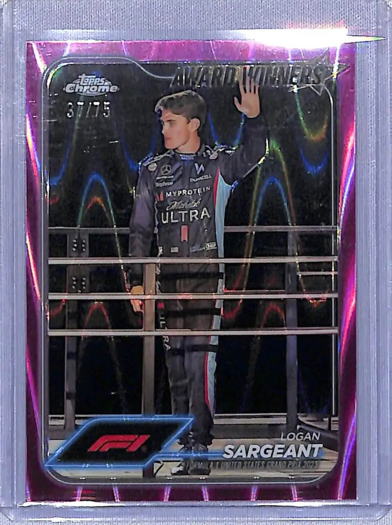 Logan Sargeant trading card from 2024 Topps Chrome Formula 1 Refractor Pink RayWave 37/75