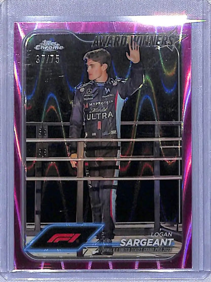 Logan Sargeant trading card from 2024 Topps Chrome Formula 1 Refractor Pink RayWave 37/75