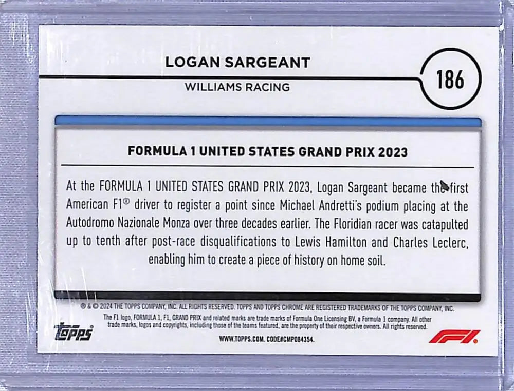 Logan Sargeant 2024 Topps Chrome Formula 1 Refractor Pink RayWave Racing Card