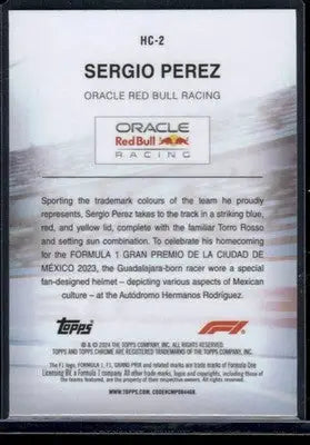 Collectible trading card featuring Sergio Perez racing driver from 2024 Topps Chrome Formula 1