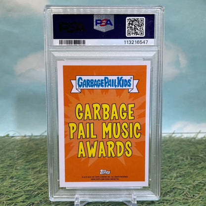 A graded Garbage Pail Kids trading card from 2024 Topps Chrome GPK Chris Crossed Green Refractor