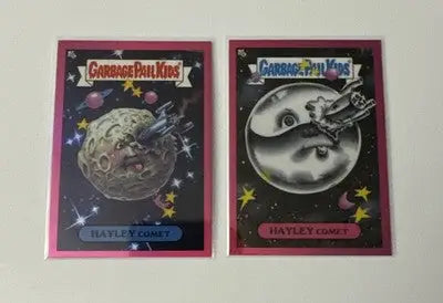 Two Garbage Pail Kids trading cards in protective sleeves from 2024 Topps Chrome Pail Kids Series