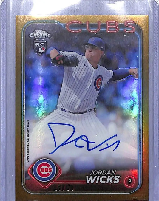 Jordan Wicks autographed baseball card from 2024 Topps Chrome Gold Chicago Cubs RC