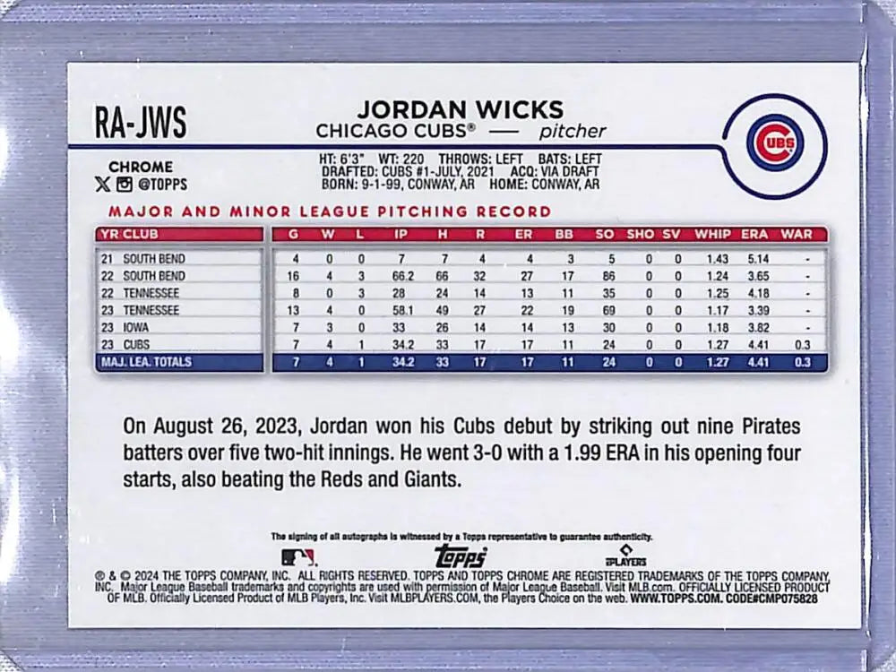 Jordan Wicks 2024 Topps Chrome Gold RC Rookie Auto baseball card for Chicago Cubs