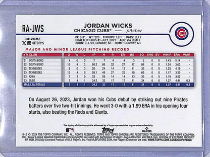 Jordan Wicks 2024 Topps Chrome Gold RC Rookie Auto baseball card for Chicago Cubs