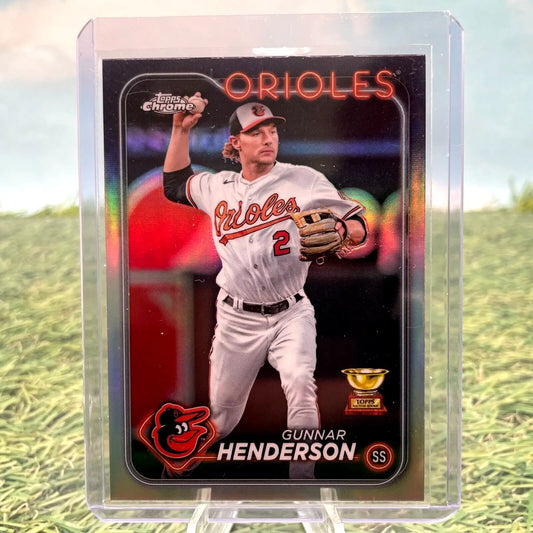Gunnar Henderson Refractor baseball card from 2024 Topps Chrome #36 Trophy Orioles