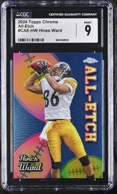 Graded 2024 Topps Chrome Hines Ward football card displayed with CGC 9, collectible chrome Hines Ward sports memorabilia