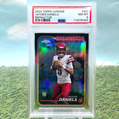 Graded Jayden Daniels football card from 2024 Topps Chrome Jayden series in PSA 8 Mint grade