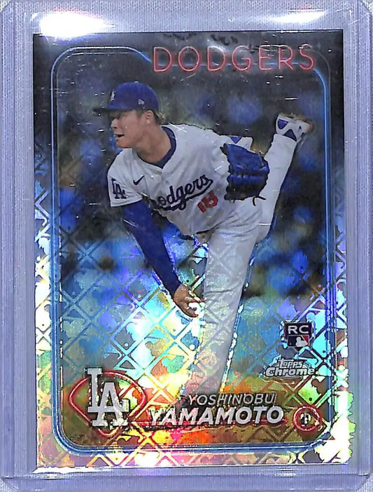 Yoshinobu Yamamoto baseball card from 2024 Topps Chrome Logofractor for Los Angeles Dodgers