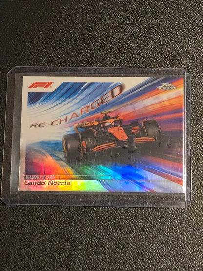 F1 Lando Norris Re-Charged trading card from 2024 Topps Chrome Logofractor Edition
